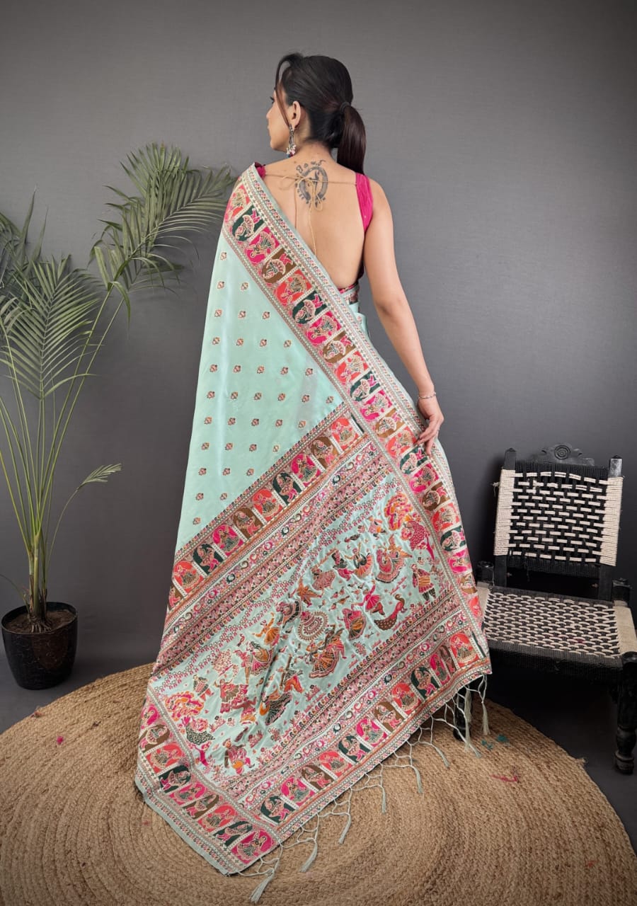 Pashmina Silk Saree with Meenakari Weaving/Sea Green