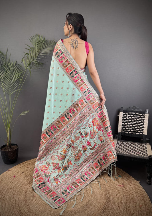 Pashmina Silk Saree with Meenakari Weaving/Sea Green