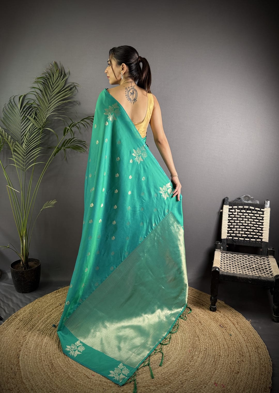 Soft Lichi Silk Saree with golden zari/Rama Green