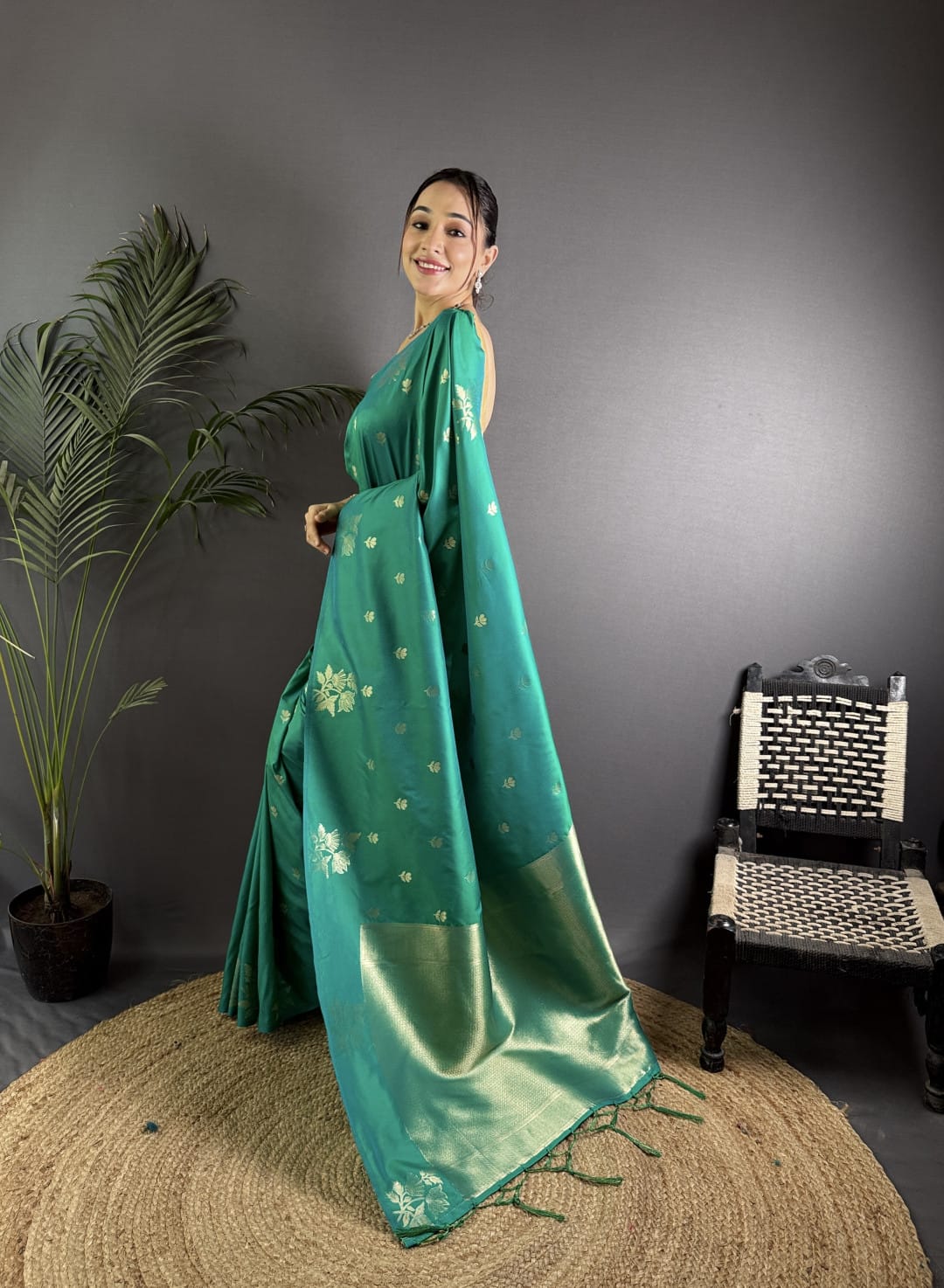 Soft Lichi Silk Saree with golden zari/Rama Green