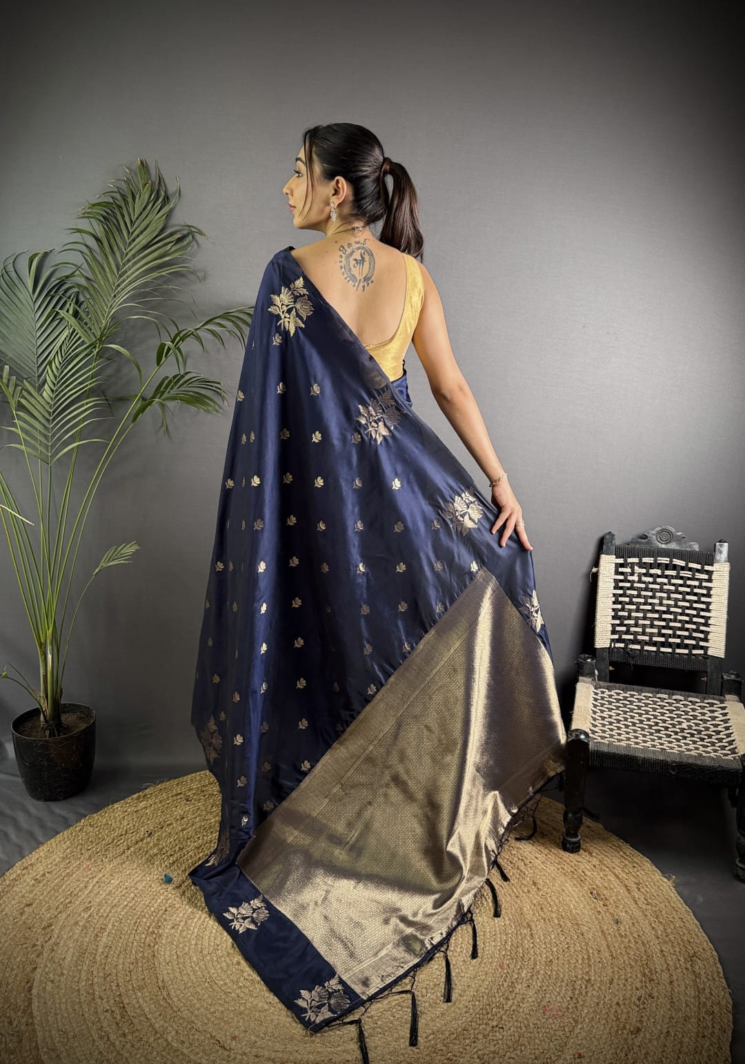 Soft Lichi Silk Saree with golden zari/Navy Blue
