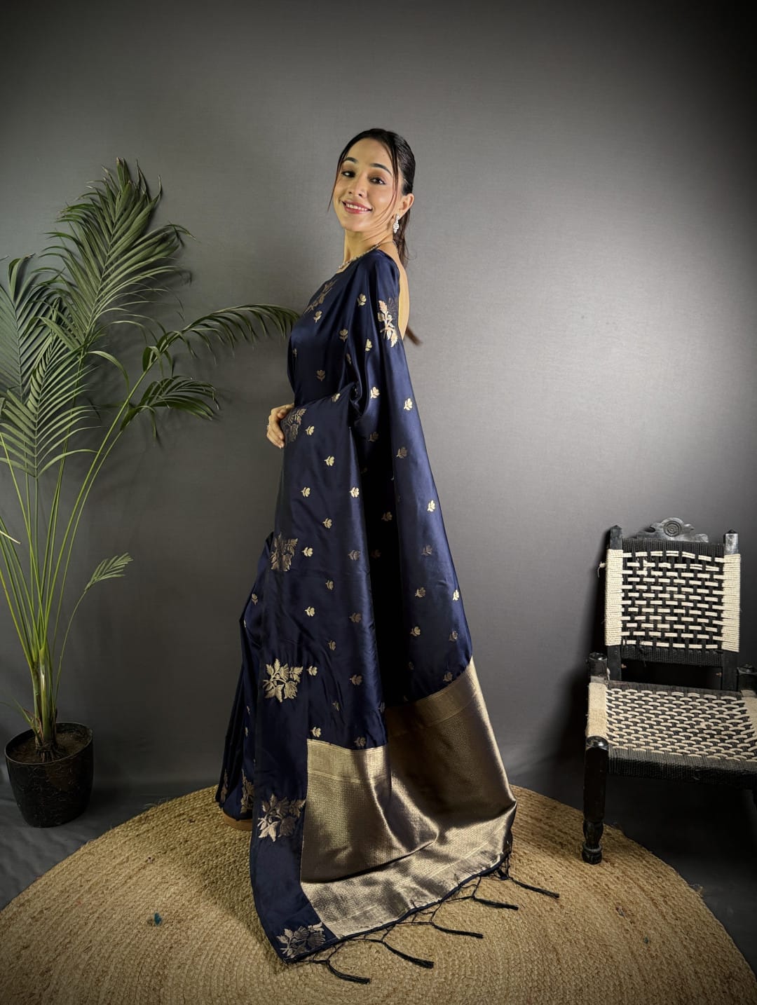 Soft Lichi Silk Saree with golden zari/Navy Blue