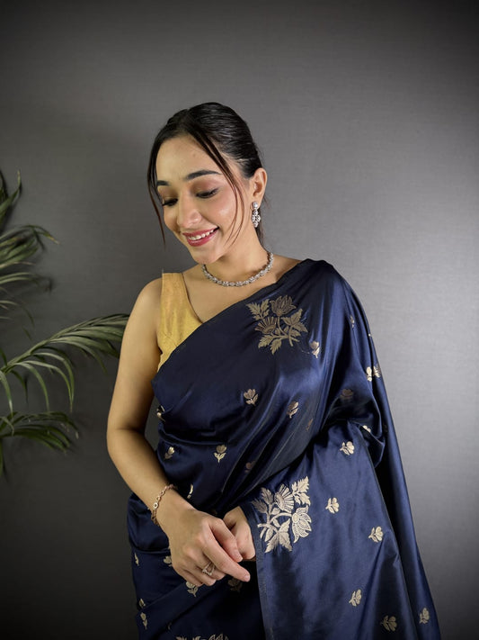 Soft Lichi Silk Saree with golden zari/Navy Blue
