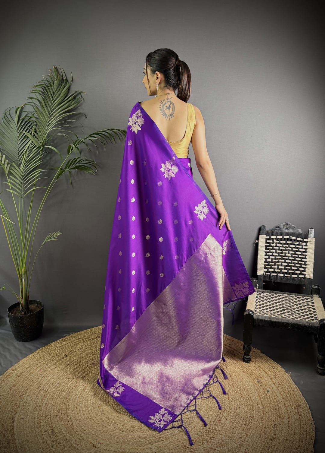 Soft Lichi Silk Saree with golden zari/Purple