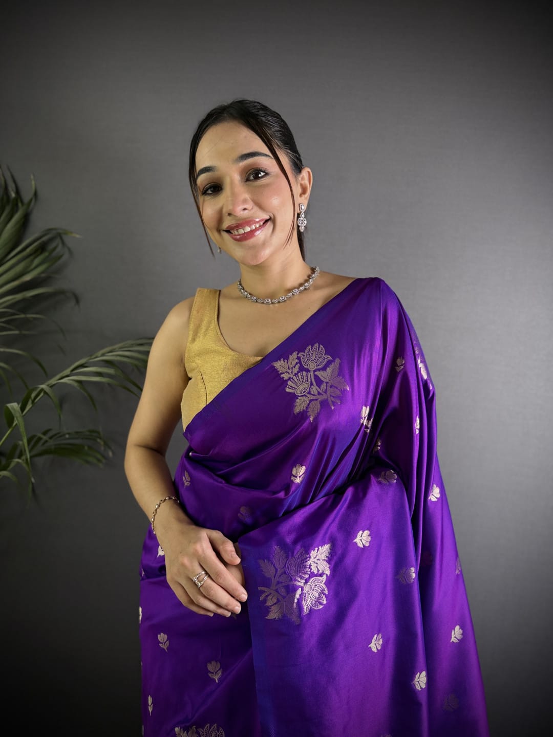 Soft Lichi Silk Saree with golden zari/Purple