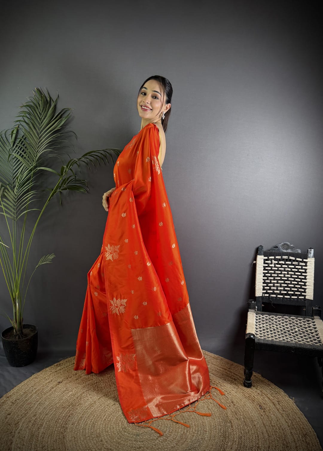 Soft Lichi Silk Saree with golden zari/Orange