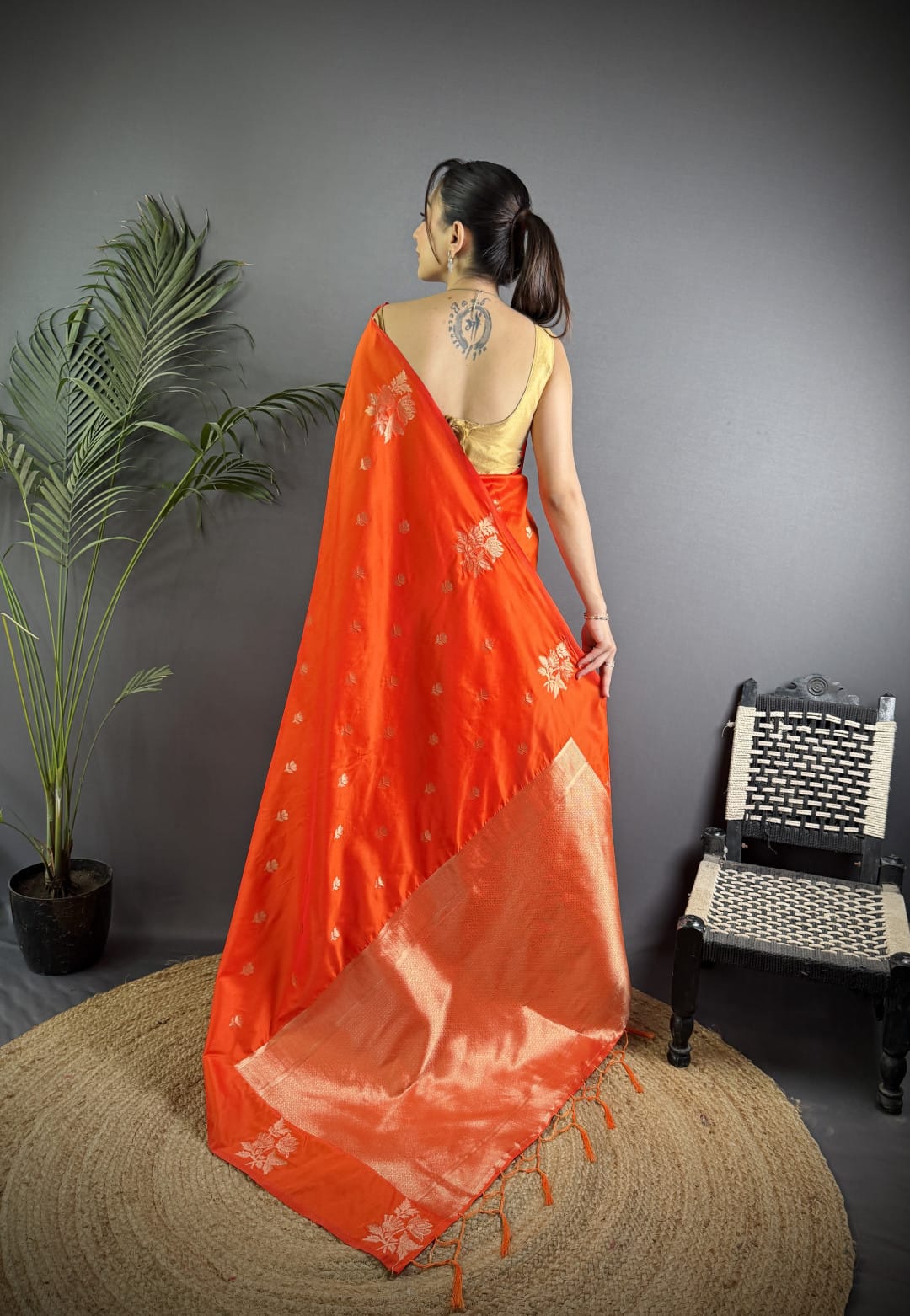 Soft Lichi Silk Saree with golden zari/Orange