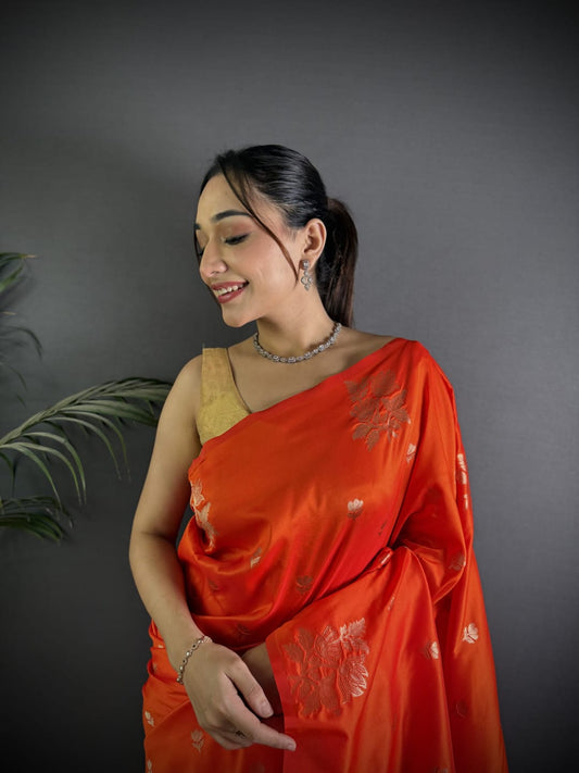 Soft Lichi Silk Saree with golden zari/Orange