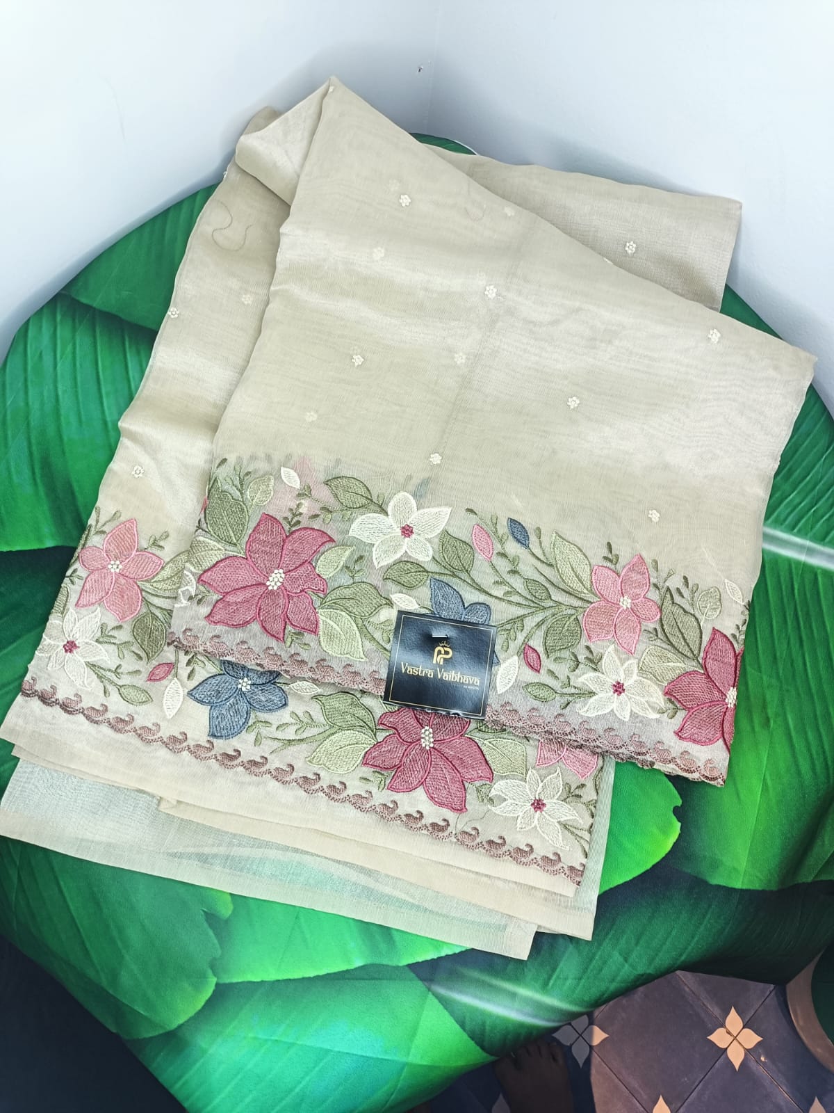 Pure Linen Tissue,Work Saree-Blush Beige