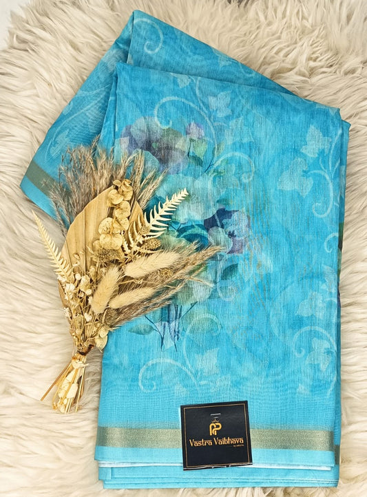 MUL CHANDERI SAREE- AQUA BLUE