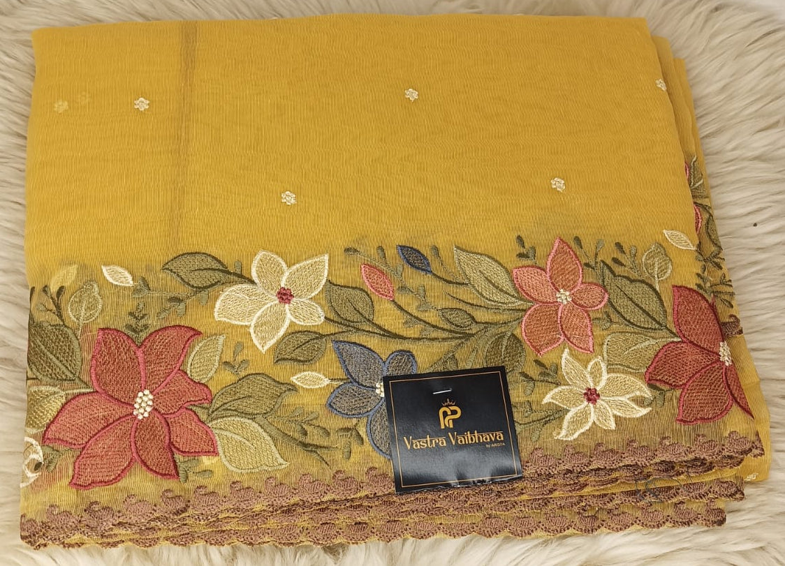 Pure Linen Tissue,Work Saree- Sunshine Yellow