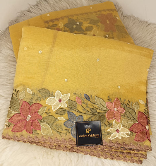 Pure Linen Tissue,Work Saree- Sunshine Yellow