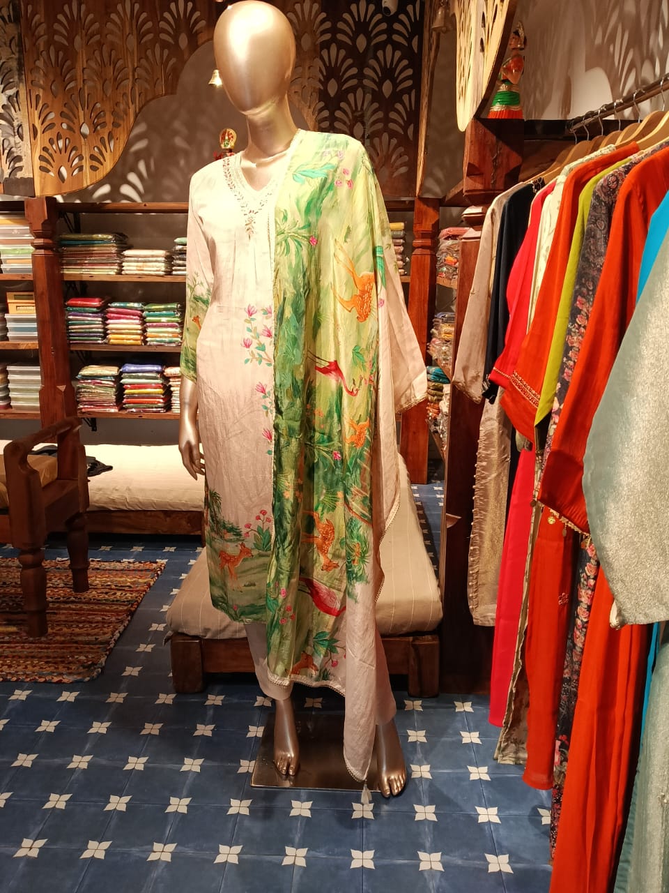 Crepe silk Cream Floral Animal Print