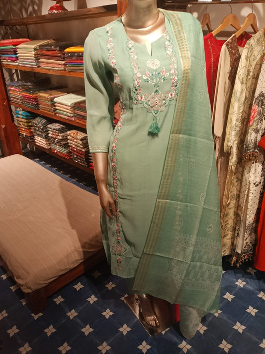 MUL CHANDERI EMBROIDERY  3PCS SETS