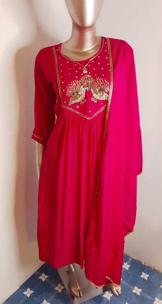 RED COLOUR  ROMON SILK HAND WORK 3PCS SETS